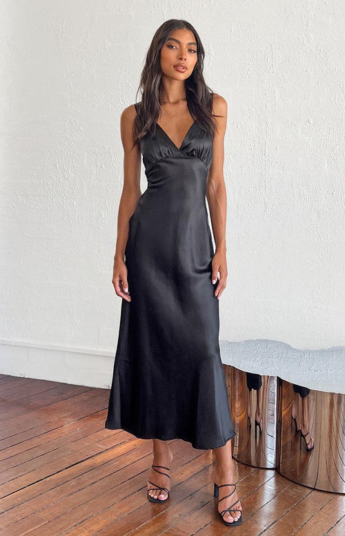 black satin slip dress